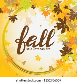 Background with multicolor autumn leaves. Vector illustration. Layout for discount labels and shopping.
