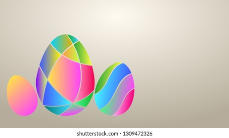 Background with multicolor Easter eggs of colored gradient segments on beige color