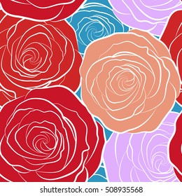 Background of a multicolor painted roses. Vector floral seamless pattern.