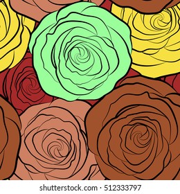 Background of a multicolor painted roses. Vector floral seamless pattern.