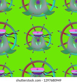 Background multicolor walrus sailor cap steering wheel seamless pattern.