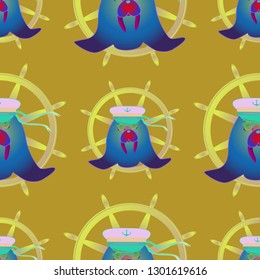 Background multicolor walrus sailor cap steering wheel seamless pattern.