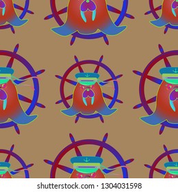 Background multicolor walrus sailor cap steering wheel seamless pattern.