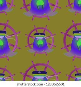 Background multicolor walrus sailor hat steering wheel seamless pattern.