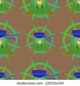 Background multicolor walrus sailor hat steering wheel seamless pattern.