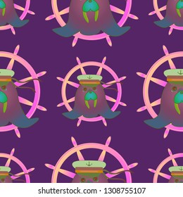Background multicolor walrus sailor hat steering wheel seamless pattern.