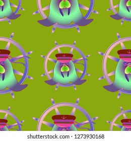 Background multicolor walrus seaman cap steering wheel seamless pattern.
