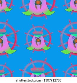 Background multicolor walrus seaman cap steering wheel seamless pattern.