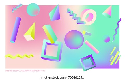 Background multicolored abstract vector holographic 3D background with figures and objects for web, packaging, poster, billboard, collage, wallpaper, presentation. Vector illustration of modern art.