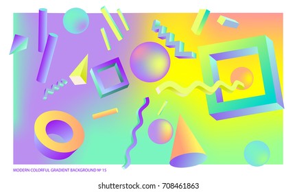 Background multicolored abstract vector holographic 3D background with figures and objects for web, packaging, poster, billboard, collage, wallpaper, presentation. Vector illustration of modern art.