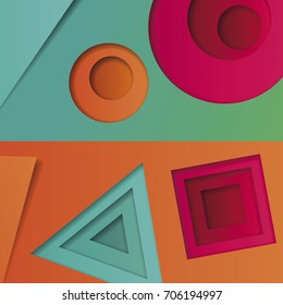 Background of multicolored abstract vector in the style of material design with geometric shapes of different sizes. Multilayer circles, triangles, squares on bright background for corporate identity