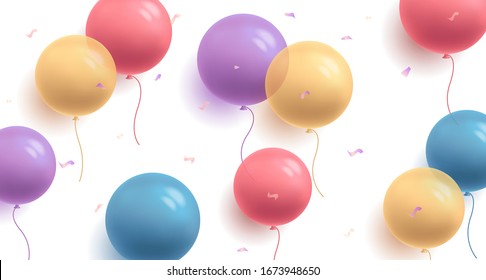 fondo con globos de aire multicolor y confetti, celebración feliz cumpleaños gráfico