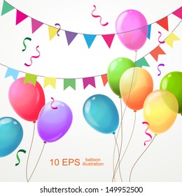 Background with multi-colored balloons and colorful flags. Vector 10 EPS.