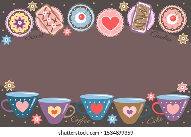 
Background with multi-colored cups, cakes and inscriptions. This project can be used for decorating greeting cards, invitations, parties, gift labels, stickers, labels, scrapbooking