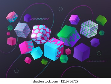 Background with multicolored decorative 3D cube. Abstract poster, vector illustration.