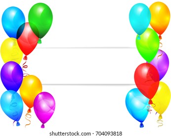 background with multicolored flying air balloons and white paper card, stock vector illustration