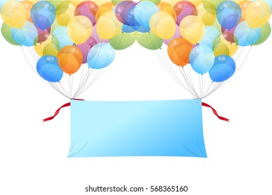 Background with multicolored flying balloons isolated on white, vector illustration.