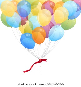 Background with multicolored flying balloons isolated on white, vector illustration.