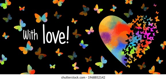 Background with multicolored hearts and butterflies. Happy Valentine's Day. Mixed media. Postcard with love. Vector illustration