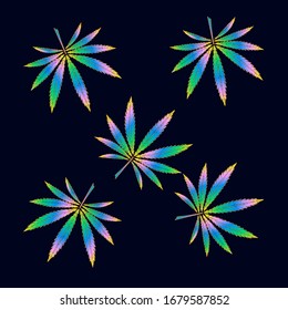 Antecedentes de zorros multicolores de cáñamo, cannabis en bordado de punto sobre un fondo oscuro. Ilustración vectorial.