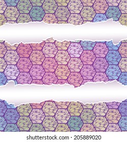 Background with multicolored hexagons and abstract stylized ????? and strips of torn paper. Seamless texture.