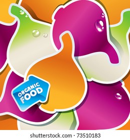 Background from multicolored onions with the arrow by organic food. Vector illustration.