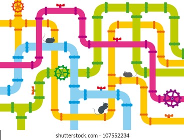 background of multicolored pipes with valve and funny mice