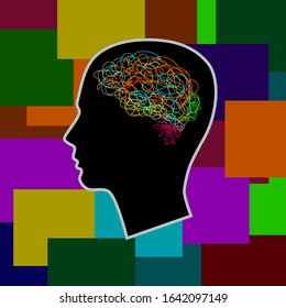 The background of multicolored squares shows the outline of a person's face of thought with confused thoughts