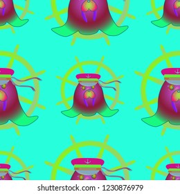 Background multicolored walrus sailor cap steering wheel seamless pattern.