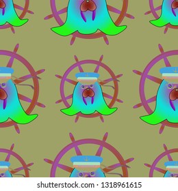 Background multicolored walrus sailor cap steering wheel seamless pattern.