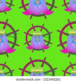 Background multicolored walrus sailor cap steering wheel seamless pattern.