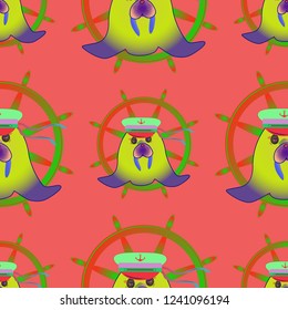 Background multicolored walrus sailor hat steering wheel seamless pattern.