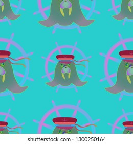 Background multicolored walrus sailor hat steering wheel seamless pattern.