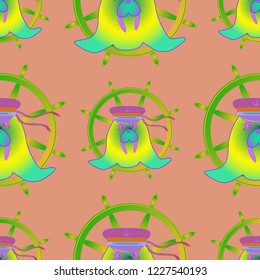 Background multicolored walrus seaman cap steering wheel seamless pattern.