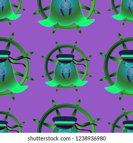 Background multicolored walrus seaman hat steering wheel seamless pattern.