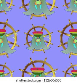 Background multicolored walrus seaman hat steering wheel seamless pattern.