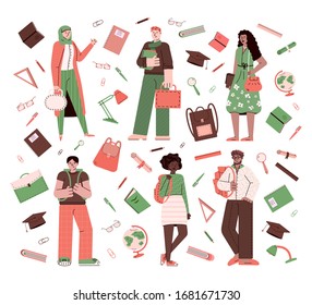 Background with multi-ethnic students and stationery, flat vector illustration.