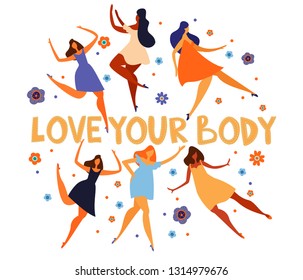 Background with multiracial women of different figure type and size dressed in comfort wear. Female cartoon characters. Body positive movement and beauty diversity. Vector illustration