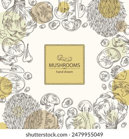 Background with mushroom:  thelephora ganbajun, tricholoma matsutake, hericium erinaceus and auricularia polytricha. Vector hand drawn illustration