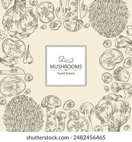 Background with mushroom:  thelephora ganbajun, tricholoma matsutake, hericium erinaceus and auricularia polytricha. Vector hand drawn illustration