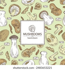 Background with mushroom: wood ears, muer mushroom, eringi, cao gu, shiitake. Vector hand drawn illustration