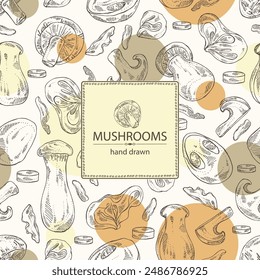 Background with mushroom: wood ears, muer mushroom, eringi, cao gu, shiitake. Vector hand drawn illustration