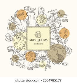 Background with mushroom: wood ears, muer mushroom, eringi, cao gu, shiitake. Vector hand drawn illustration