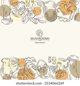 Background with mushroom: wood ears, muer mushroom, eringi, cao gu, shiitake. Vector hand drawn illustration