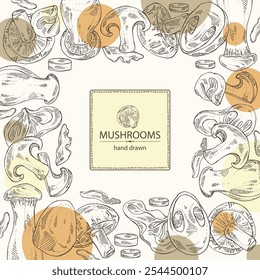 Background with mushroom: wood ears, muer mushroom, eringi, cao gu, shiitake. Vector hand drawn illustration