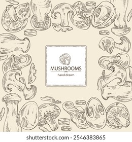 Background with mushroom: wood ears, muer mushroom, eringi, cao gu, shiitake. Vector hand drawn illustration