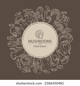 Background with mushroom: wood ears, muer mushroom, eringi, cao gu, shiitake. Vector hand drawn illustration