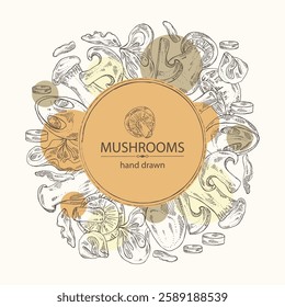 Background with mushroom: wood ears, muer mushroom, eringi, cao gu, shiitake. Vector hand drawn illustration