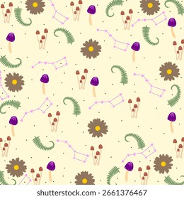 fundo de cogumelos e árvores florestais de vários tipos