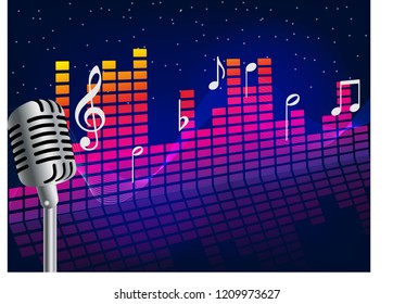 background music sound waves and notes coming out of the microphone abstract star background